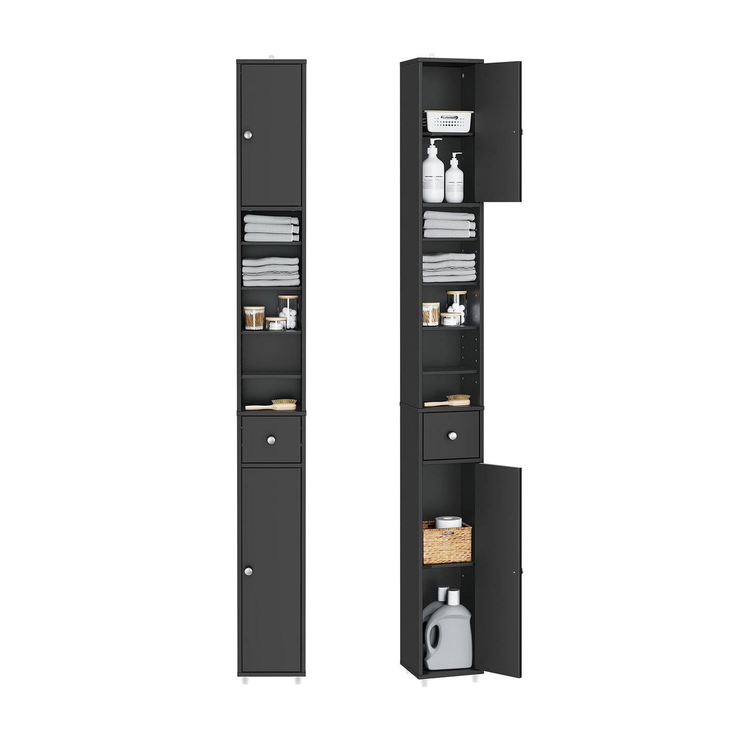 SoBuy Hoge Smalle Badkamerkast - Lade - Verstelbare Planken – Zwart – 20 x 20 x 180 cm