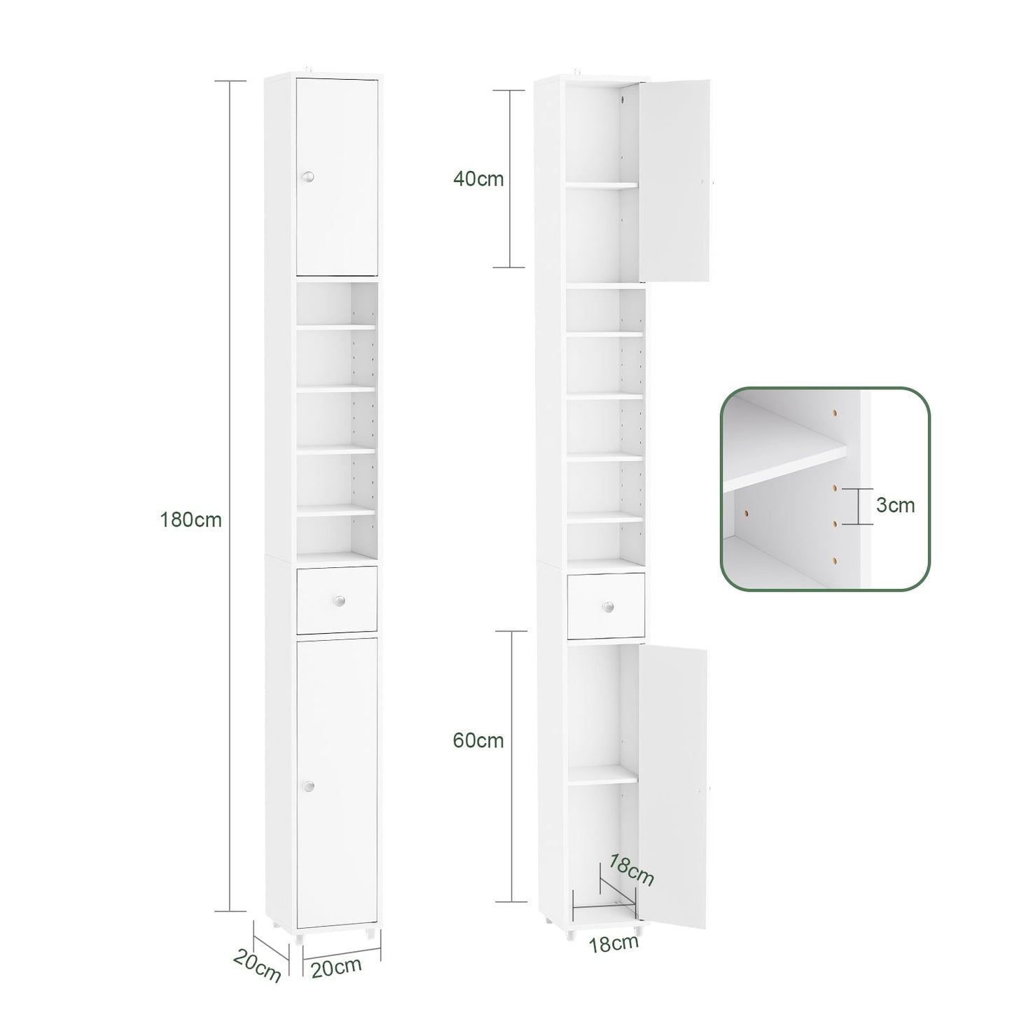 SoBuy Hoge Smalle Badkamerkast BZR34-II-W – Vrijstaand – Wit – 20 x 20 x 180 cm