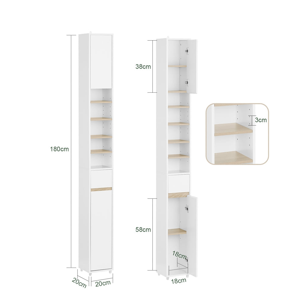 SoBuy BZR34-WN Hoge Badkamerkast 20x20x180 cm – Wit & Houtkleur – Smalle Vrijstaande Opbergkast met Verstelbare Planken en Lade