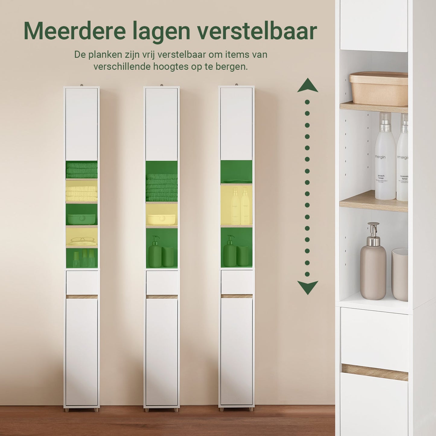 SoBuy BZR34-WN Hoge Badkamerkast 20x20x180 cm – Wit & Houtkleur – Smalle Vrijstaande Opbergkast met Verstelbare Planken en Lade