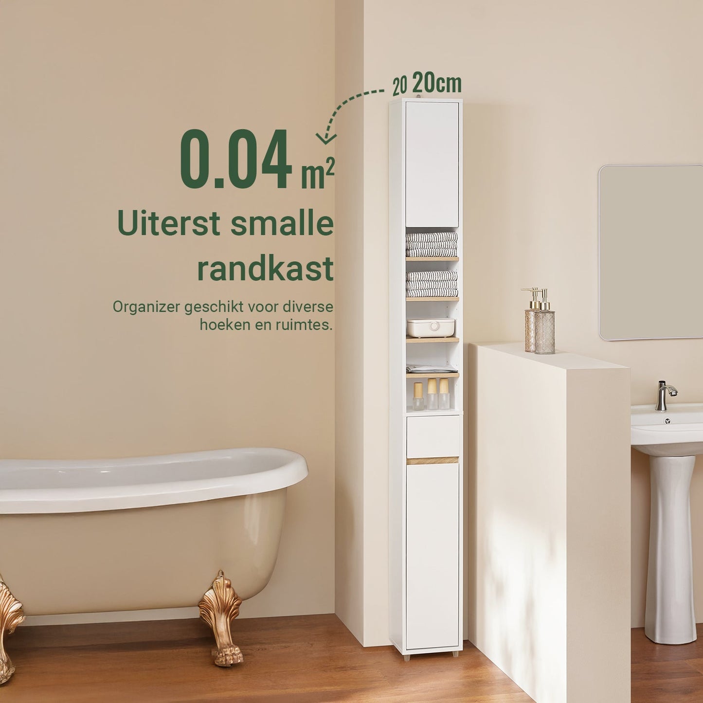 SoBuy BZR34-WN Hoge Badkamerkast 20x20x180 cm – Wit & Houtkleur – Smalle Vrijstaande Opbergkast met Verstelbare Planken en Lade