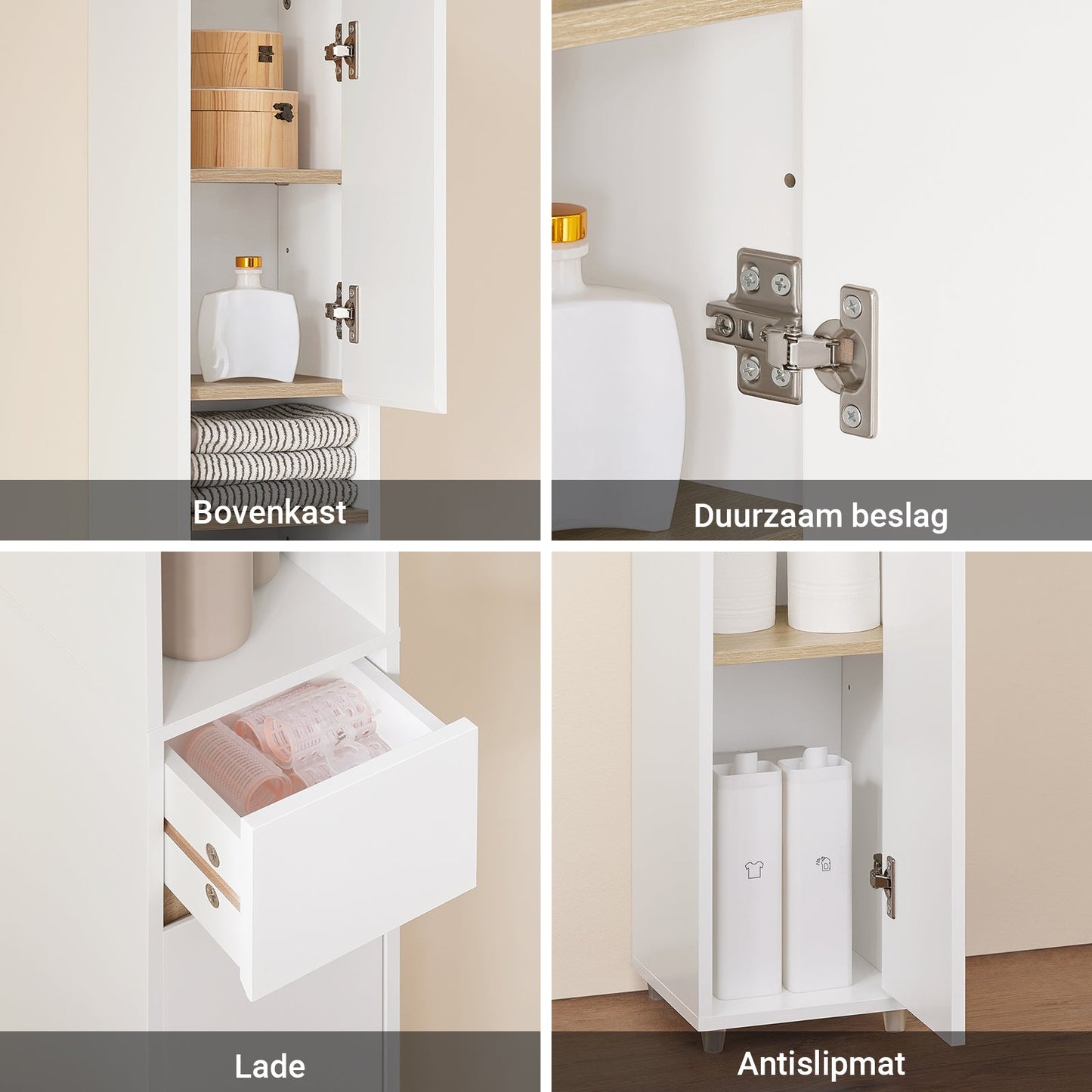 SoBuy BZR34-WN Hoge Badkamerkast 20x20x180 cm – Wit & Houtkleur – Smalle Vrijstaande Opbergkast met Verstelbare Planken en Lade