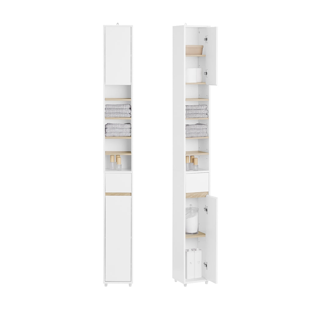 SoBuy BZR34-WN Hoge Badkamerkast 20x20x180 cm – Wit & Houtkleur – Smalle Vrijstaande Opbergkast met Verstelbare Planken en Lade