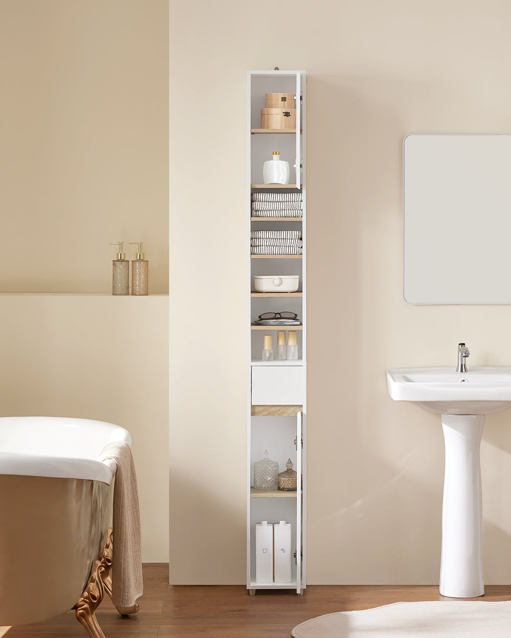 SoBuy BZR34-WN Hoge Badkamerkast 20x20x180 cm – Wit & Houtkleur – Smalle Vrijstaande Opbergkast met Verstelbare Planken en Lade