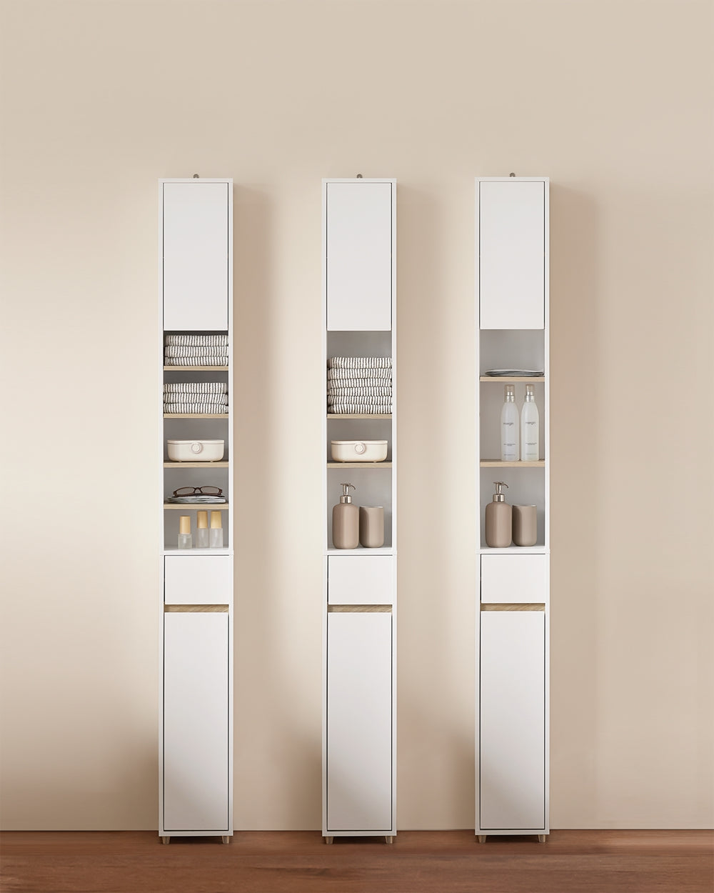 SoBuy BZR34-WN Hoge Badkamerkast 20x20x180 cm – Wit & Houtkleur – Smalle Vrijstaande Opbergkast met Verstelbare Planken en Lade