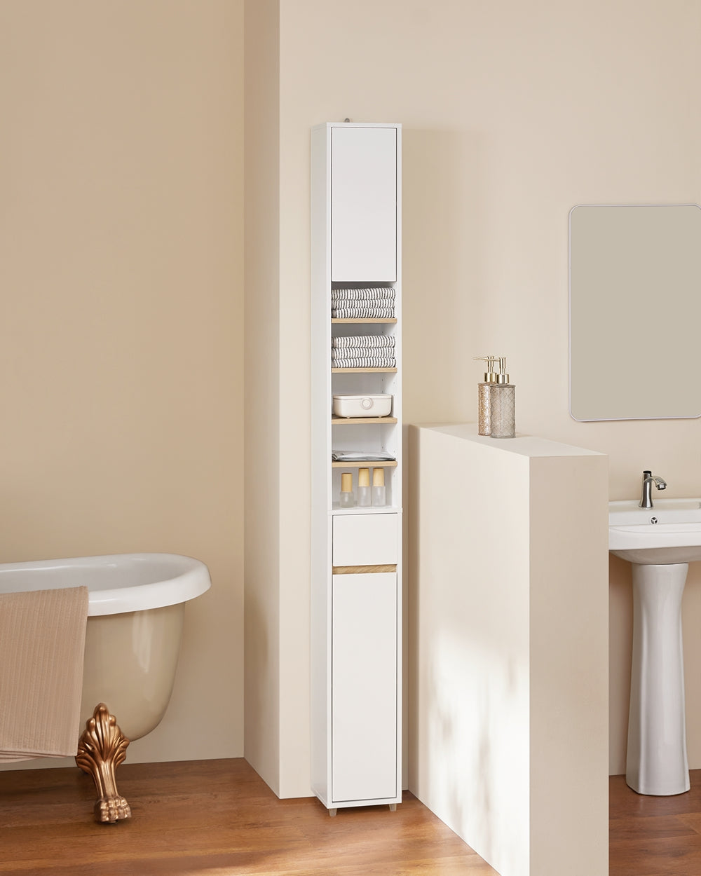 SoBuy BZR34-WN Hoge Badkamerkast 20x20x180 cm – Wit & Houtkleur – Smalle Vrijstaande Opbergkast met Verstelbare Planken en Lade