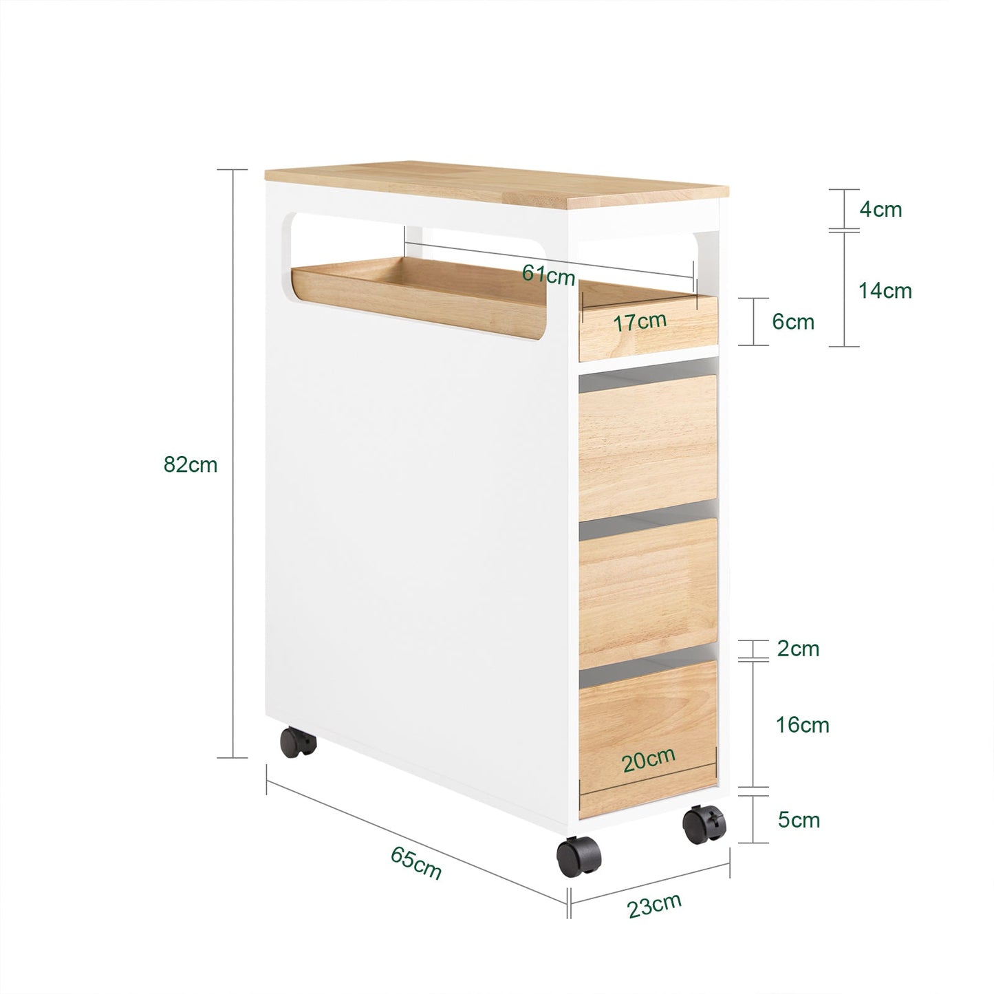SoBuy BZR54-II-WN Smal Nisrek met 3 Laden, Afneembaar Dienblad en Wielen – 23 x 82 x 65 cm – Wit