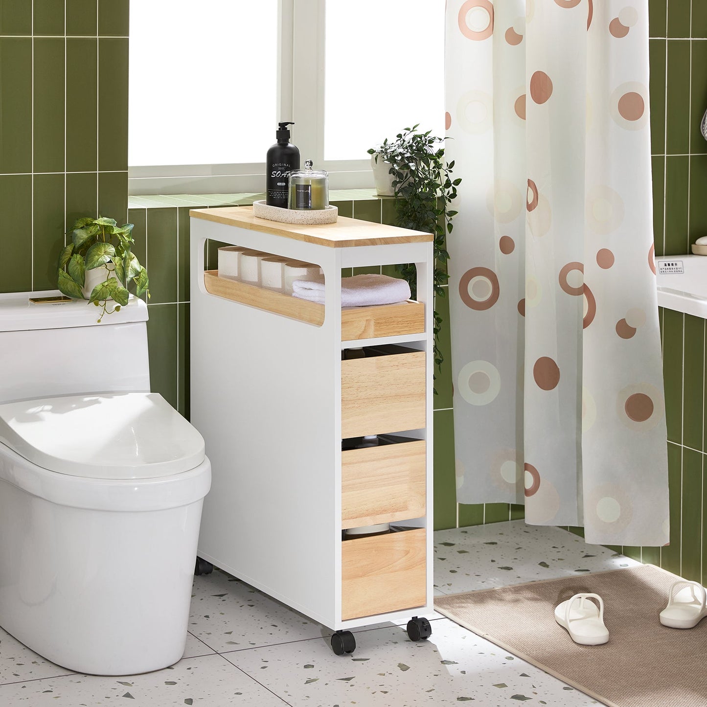 SoBuy BZR54-II-WN Smal Nisrek met 3 Laden, Afneembaar Dienblad en Wielen – 23 x 82 x 65 cm – Wit