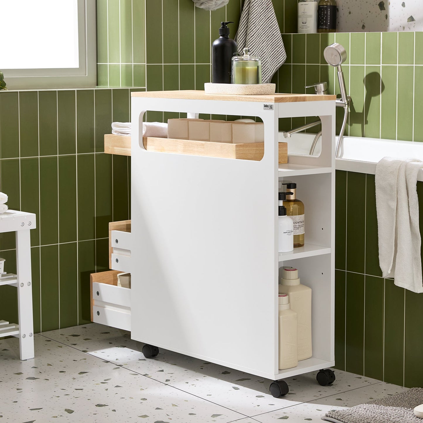 SoBuy BZR54-II-WN Smal Nisrek met 3 Laden, Afneembaar Dienblad en Wielen – 23 x 82 x 65 cm – Wit