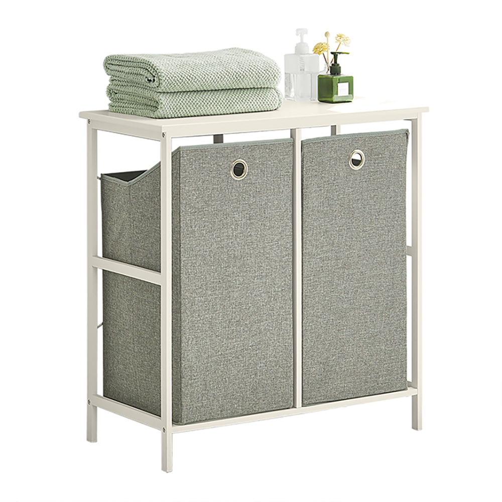 SoBuy Wasmand - BZR57-W - Incl. Legplank - 2 Compartimenten - 2 Verwijderbare Waszakken - Wit