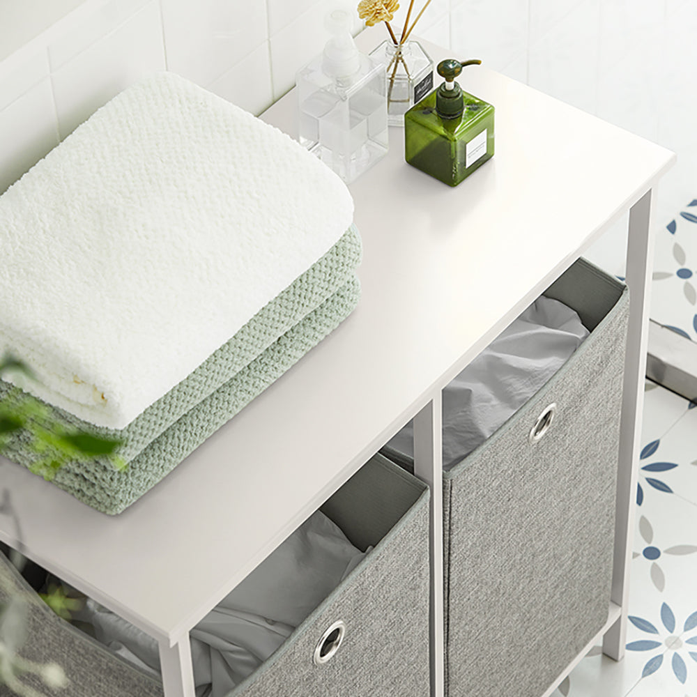 SoBuy Wasmand - BZR57-W - Incl. Legplank - 2 Compartimenten - 2 Verwijderbare Waszakken - Wit