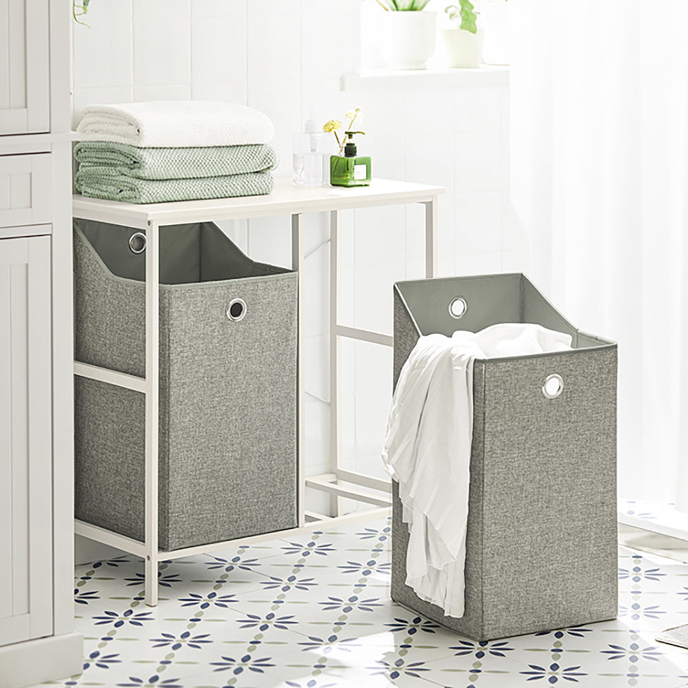 SoBuy Wasmand - BZR57-W - Incl. Legplank - 2 Compartimenten - 2 Verwijderbare Waszakken - Wit