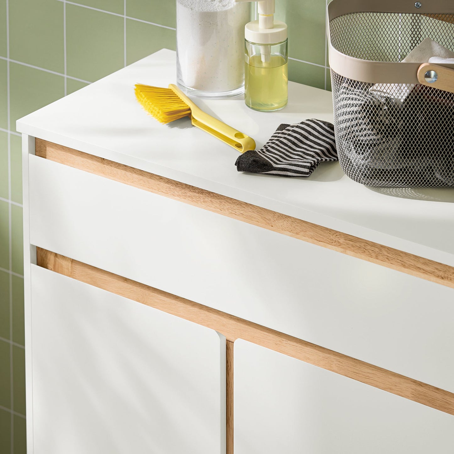 SoBuy Onderkast Badkamer – Met Lade & Uitneembare Waszak – 71 x 33 x 85 cm – Wit