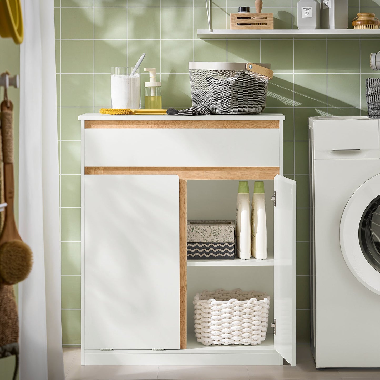 SoBuy Onderkast Badkamer – Met Lade & Uitneembare Waszak – 71 x 33 x 85 cm – Wit