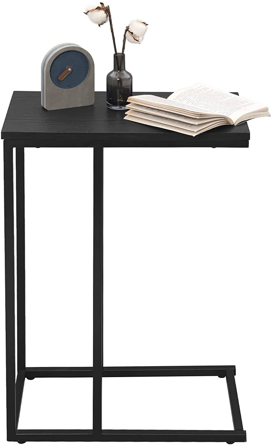 Woltu Bijzettafel C-vormig – Industrieel Metaal & Hout – 45 x 25 x 63,6 cm – Zwart