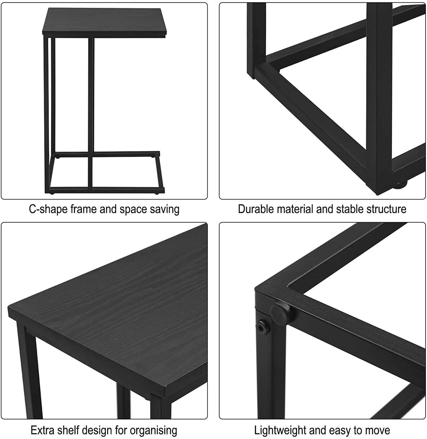 Woltu Bijzettafel C-vormig – Industrieel Metaal & Hout – 45 x 25 x 63,6 cm – Zwart