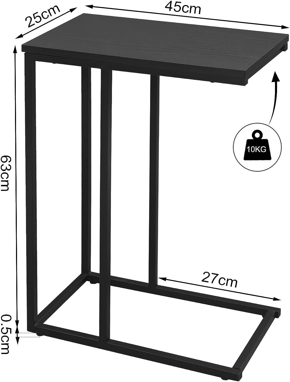 Woltu Bijzettafel C-vormig – Industrieel Metaal & Hout – 45 x 25 x 63,6 cm – Zwart