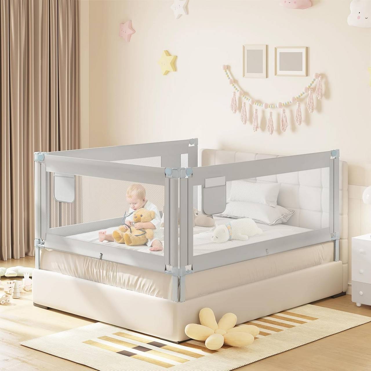 WOLTU Bedhek - bedhek voor kinderen - baby -150/180/200 x 69-87 x 30 cm oxford stof metaal - Lichtgrijs
