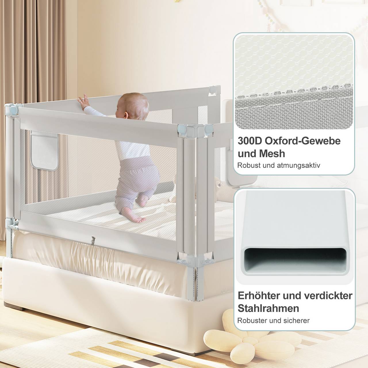 WOLTU Bedhek - bedhek voor kinderen - baby -150/180/200 x 69-87 x 30 cm oxford stof metaal - Lichtgrijs
