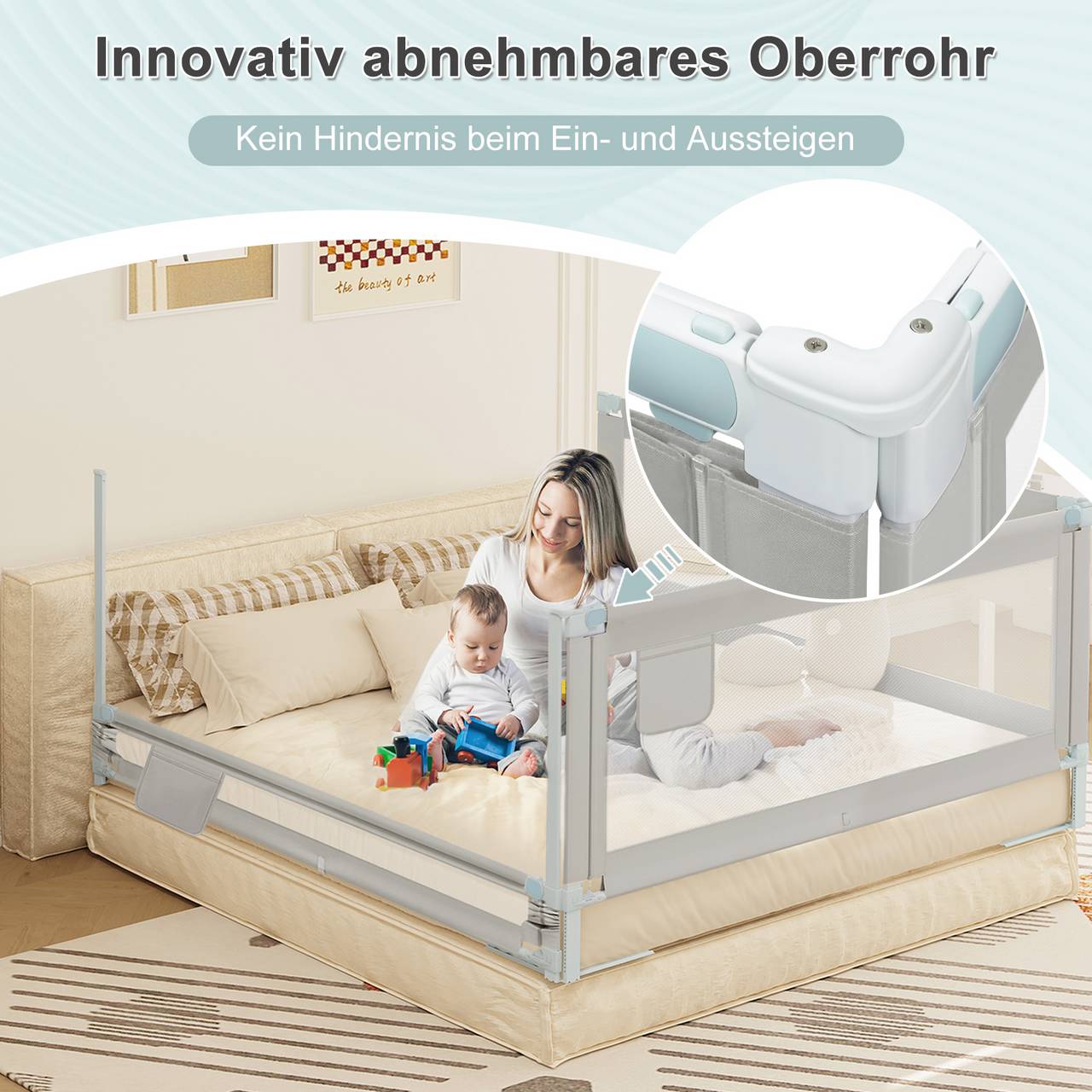 WOLTU Bedhek - bedhek voor kinderen - baby -150/180/200 x 69-87 x 30 cm oxford stof metaal - Lichtgrijs
