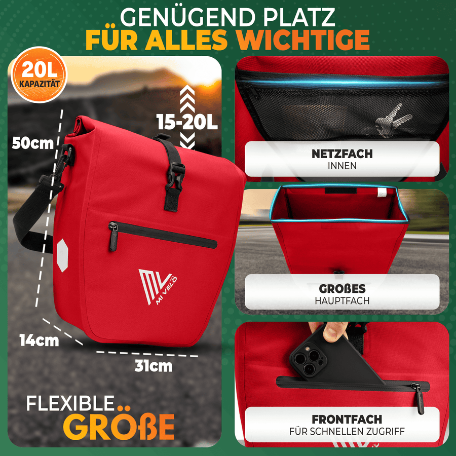 MIVELO Fietstas – Waterdicht & Incl. Schouderband – 20 liter – 50 x 31 x 14 cm – Rood