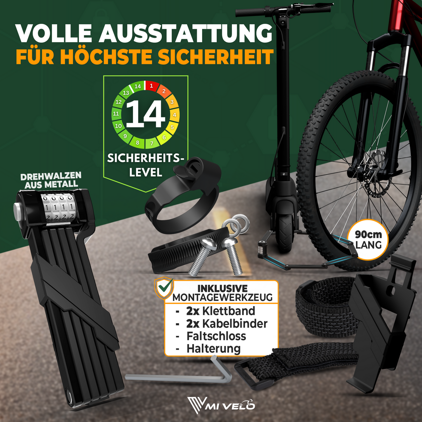MIVELO Fietsslot NEXUS - Met Cijferslot - Extreem Robuust RVS - 90 cm - Zwart