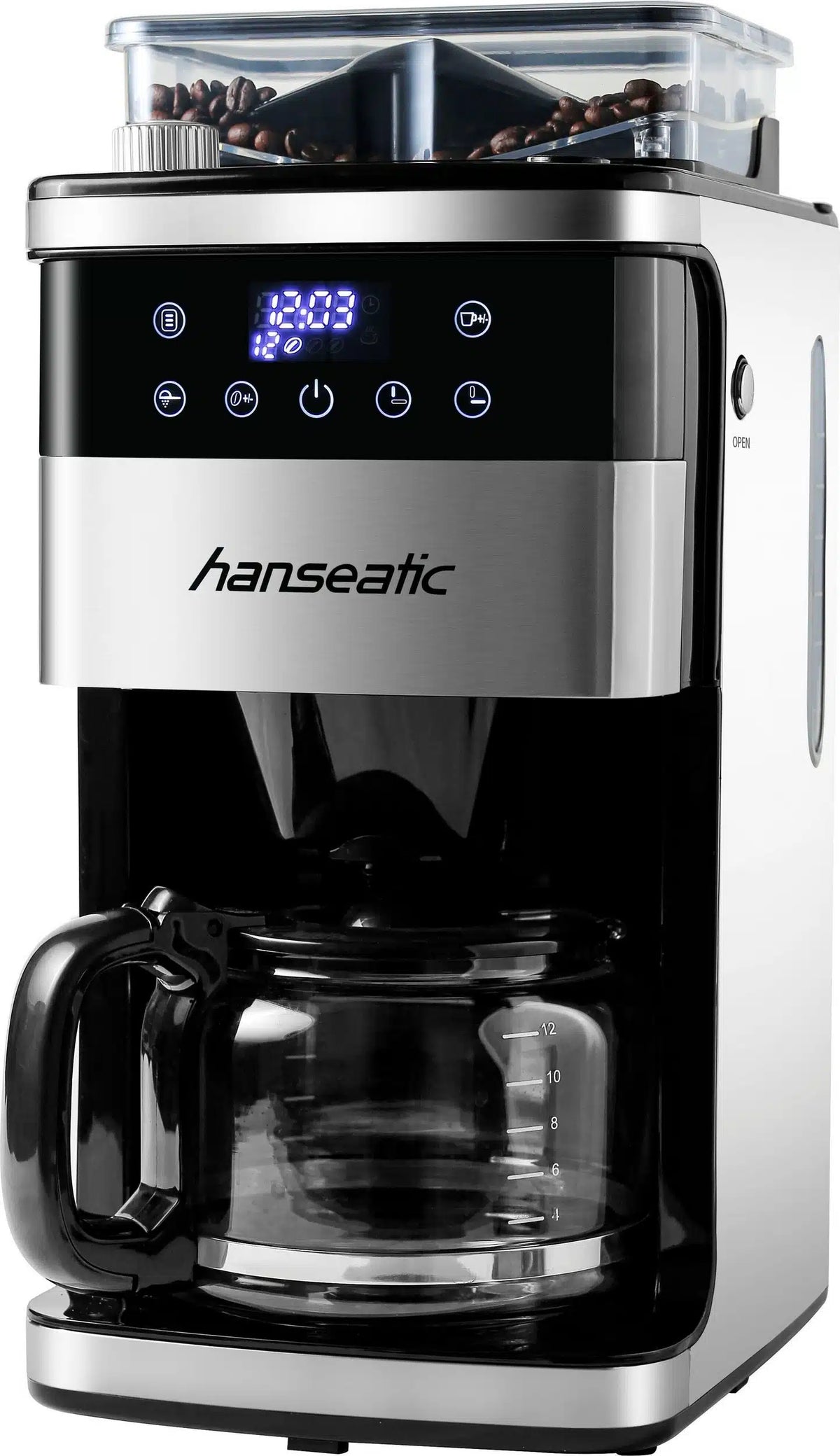 Hanseatic – Koffiezetapparaat met Ingebouwde Koffiemolen – 1,5 Liter & 1000 Watt – Met Digitaal Display & Timer – Voor Bonen & Gemalen Koffie – Zilver RVS & Kunststof
