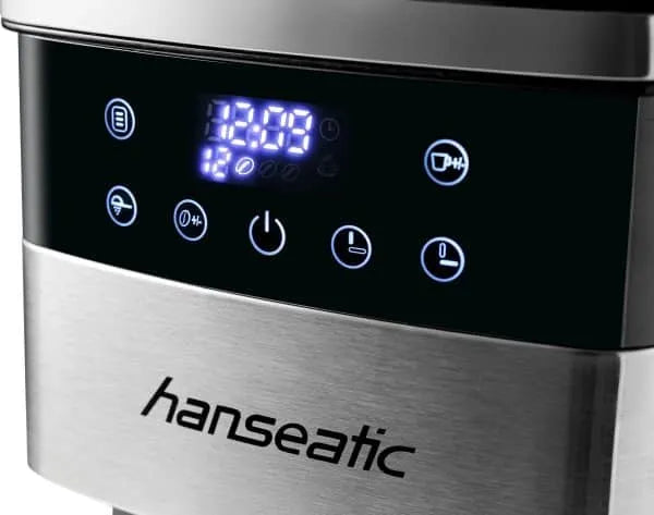 Hanseatic – Koffiezetapparaat met Ingebouwde Koffiemolen – 1,5 Liter & 1000 Watt – Met Digitaal Display & Timer – Voor Bonen & Gemalen Koffie – Zilver RVS & Kunststof