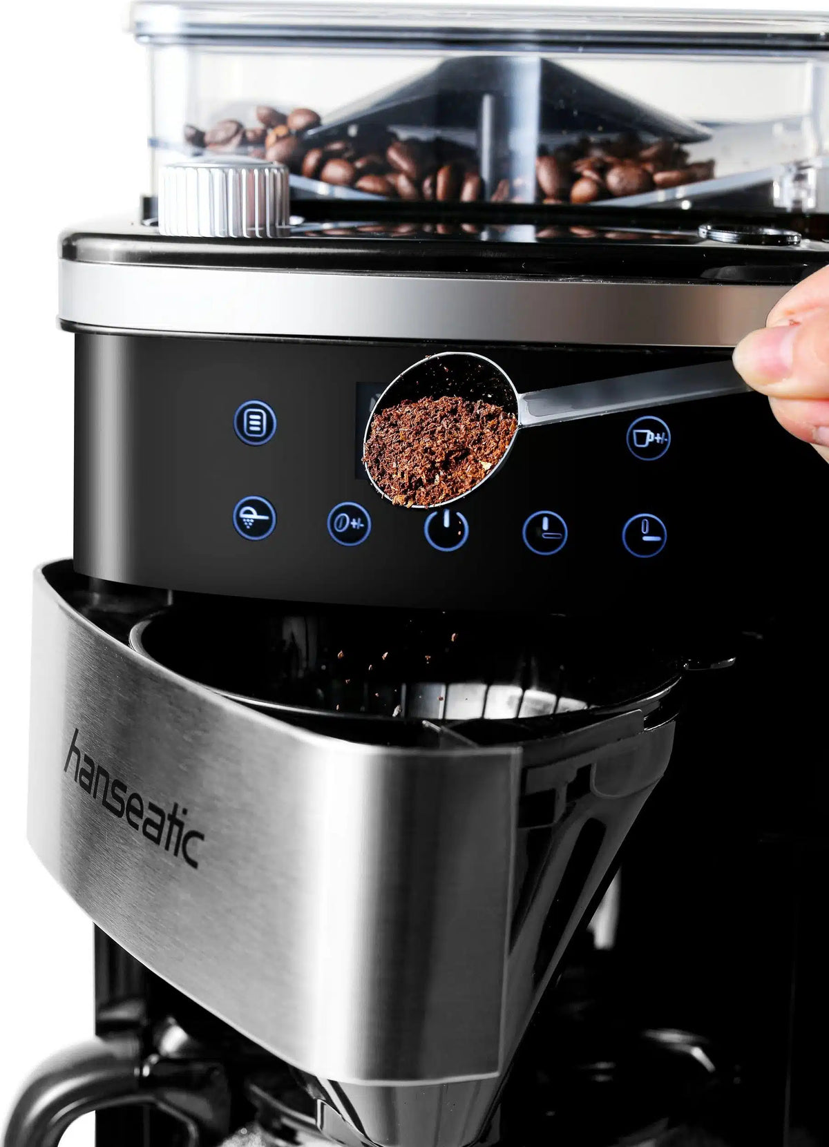 Hanseatic – Koffiezetapparaat met Ingebouwde Koffiemolen – 1,5 Liter & 1000 Watt – Met Digitaal Display & Timer – Voor Bonen & Gemalen Koffie – Zilver RVS & Kunststof