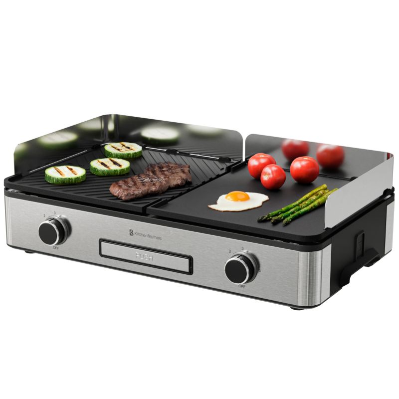 KitchenBrothers Elektrische Grillplaat – Tafelgrill met Dubbele Zone – 2400W – RVS