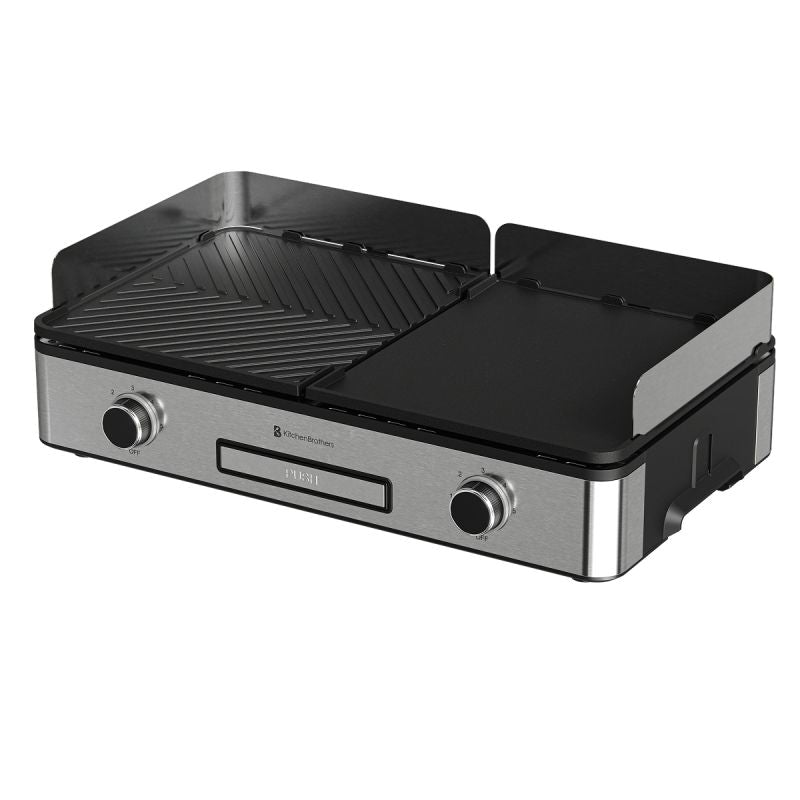 KitchenBrothers Elektrische Grillplaat – Tafelgrill met Dubbele Zone – 2400W – RVS