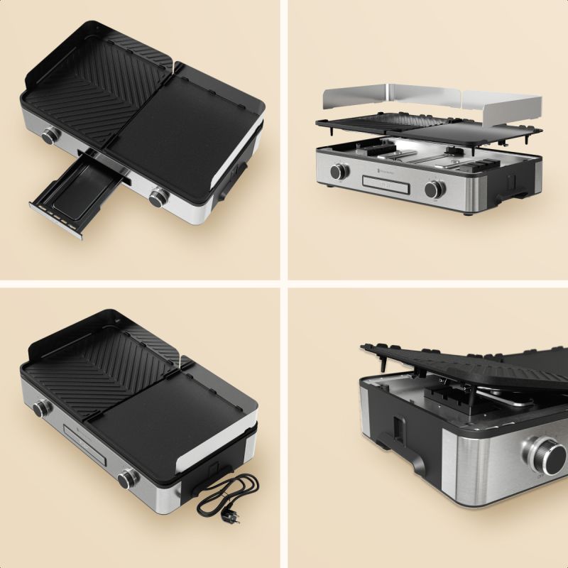 KitchenBrothers Elektrische Grillplaat – Tafelgrill met Dubbele Zone – 2400W – RVS