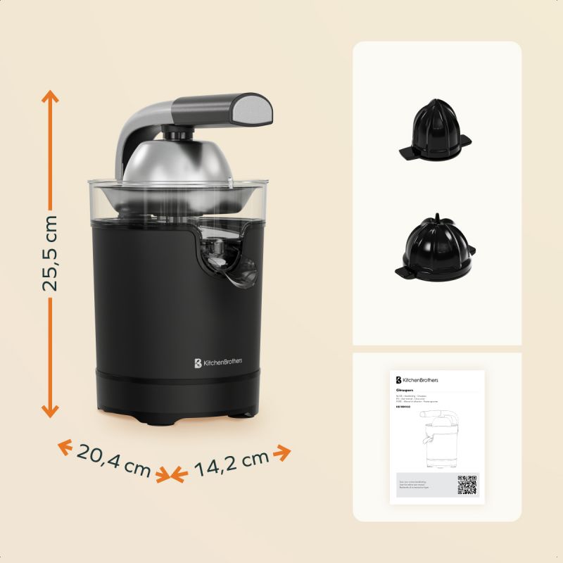 LEBENLANG Elektrische Sinaasappelpers 600 W - Zwart, 20 x 20 x 31 cm, Roestvrij Staal, Incl. Hendelarm