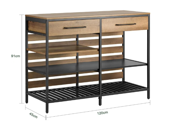SoBuy Wandtafel - Met 2 Laden en 3 Planken -Max. 105 kg - Industrieel - 120 x 45 x 91 cm