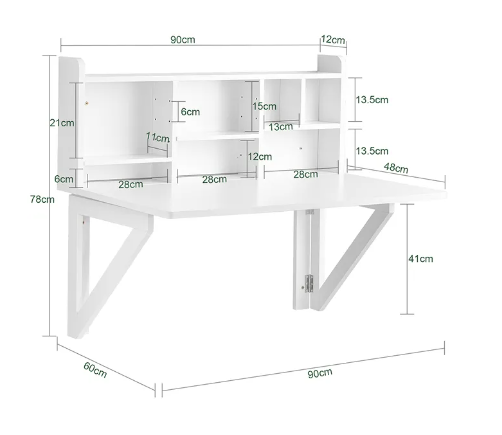 SoBuy Bureau Opklapbaar - Wandmontage - Max. 48 kg - 90 x 78 x 60 cm - Wit