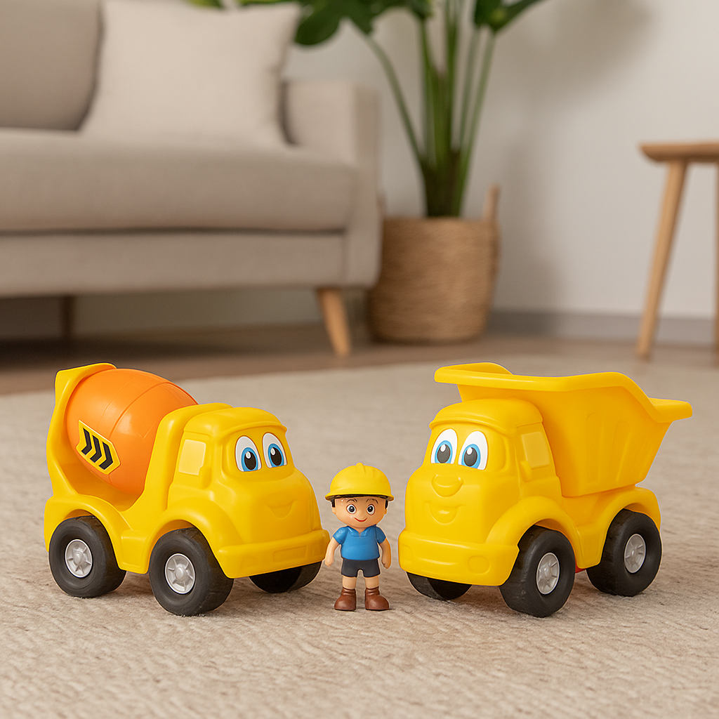 Let's Play Speelset Bouwtrucks - 2 Stuks - Betontruck en Vrachtwagen met Laadbak - 3+