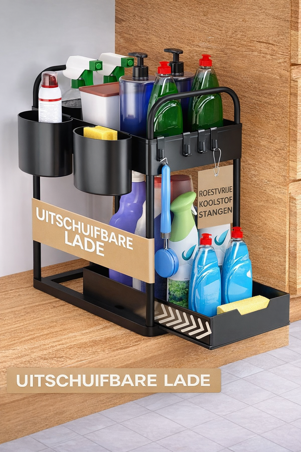 HELDENWERK - Wastafelonderkast Organizer & Keukenorganizer - 2 Stuks - Zwart ABS Kunststof - Uittrekbaar met 2 Niveaus - Voor Keuken & Badkamer - Inclusief Haken & Bakjes - Maximale Opbergruimte