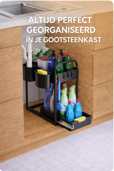 HELDENWERK - Wastafelonderkast Organizer & Keukenorganizer - 2 Stuks - Zwart ABS Kunststof - Uittrekbaar met 2 Niveaus - Voor Keuken & Badkamer - Inclusief Haken & Bakjes - Maximale Opbergruimte