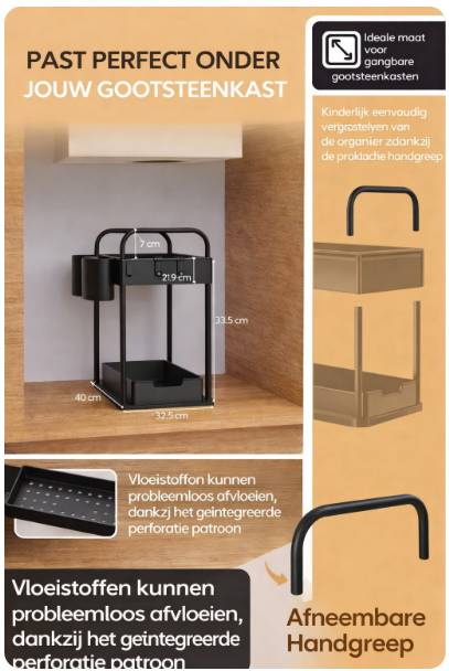 HELDENWERK - Wastafelonderkast Organizer & Keukenorganizer - 2 Stuks - Zwart ABS Kunststof - Uittrekbaar met 2 Niveaus - Voor Keuken & Badkamer - Inclusief Haken & Bakjes - Maximale Opbergruimte