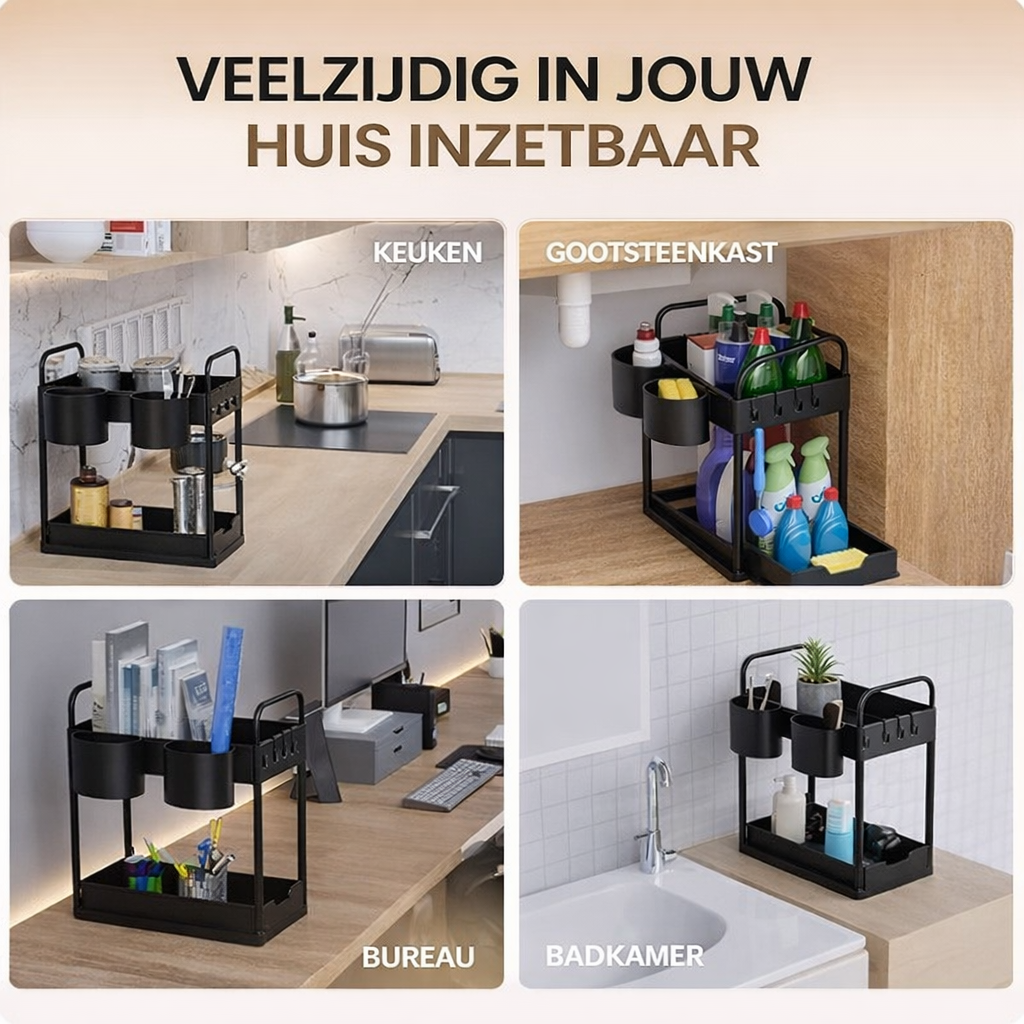 HELDENWERK - Wastafelonderkast Organizer & Keukenorganizer - 2 Stuks - Zwart ABS Kunststof - Uittrekbaar met 2 Niveaus - Voor Keuken & Badkamer - Inclusief Haken & Bakjes - Maximale Opbergruimte