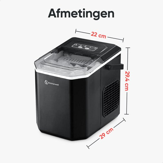 Kitchenwell IJsblokjesmachine – 1.3L - IJsblokjesmaker met IJsschep – 12kg/24 uur – Zelfreinigingsfunctie - Draagbaar - Zwart