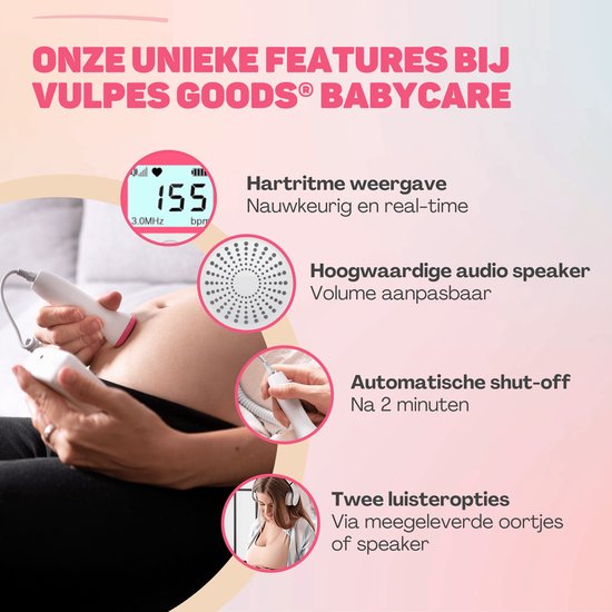 Vulpes Goods® BabyCare - Doppler Baby PRO - Baby Hartje Monitor - Fetal Doppler - Hartslag Baby Doppler - Echo Apparaat -Zwangerschapscadeau - Roze - Incl. ultrasound gel en oordopjes