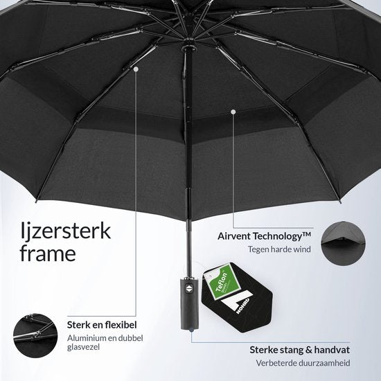 Nohrd Stormparaplu - Zwart - Paraplu Opvouwbaar - Wind Doorlaatbaar - 140 km/h - Stormparaplu's - Automatisch In- en Uitklapbaar - Paraplu's - Incl. Beschermhoes