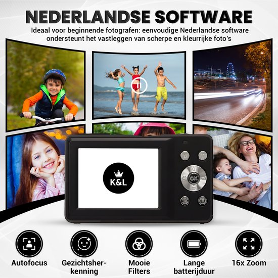 K&L Digitale Camera - Fototoestel - Fotocamera - Compact Camera - Vlog Camera - Voor Kinderen - Inclusief 32GB - NL Software