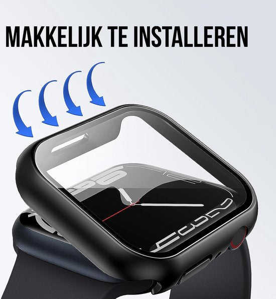 Hoesje geschikt voor Apple Watch Serie 7 / 8 / 9 - 45 mm Screen Protector - 2 Stuks - Full Cover Hard Case - Zwart - Podec