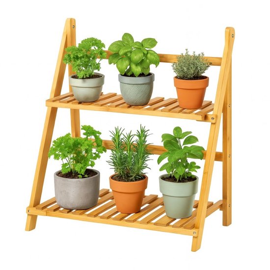 Ceruzo Plantenrek Bamboe – 2-Laags Plantenstandaard – 50x28x54 cm – Kruidenrek– Naturel
