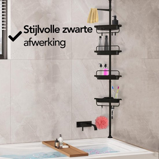 Brixy Doucherek - Telescopisch - 85-305 cm - Zonder Boren - Vloer Tot Plafond - 4 Plankjes - 3 Haken - Zwart