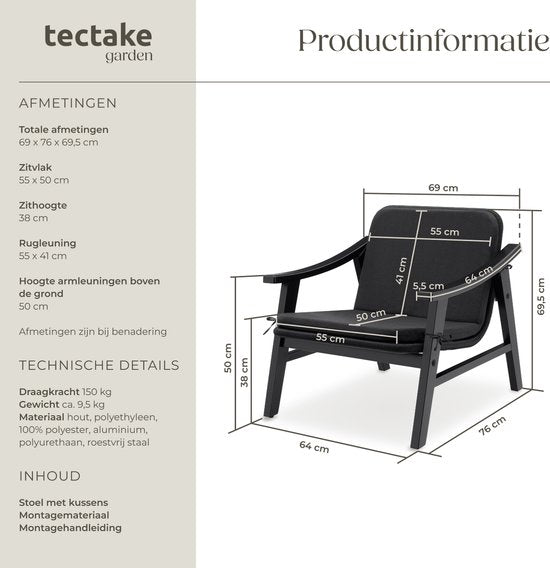 tectake® Tuinstoel - Houten Stoel voor Balkon of Tuin - Rieten zitting - Buitenfauteuil - Draagvermogen tot 150kg - Stoel voor binnen of buiten - Incl. kussen - zwart
