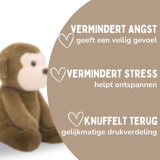 Coopley Verzwaringsknuffel 2Kg - Verzwaarde Knuffel - Andy Aapje - Weighted Stuffed Animal - Sensorisch Speelgoed - Voor Kinderen En Volwassenen - Bruin - Met Canvas Opbergtas
