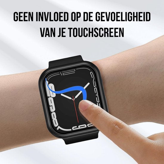 Hoesje geschikt voor Apple Watch Serie 7 / 8 / 9 - 45 mm Screen Protector - 2 Stuks - Full Cover Hard Case - Zwart - Podec